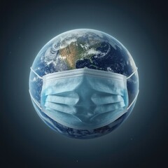 Obraz premium A globe with a blue surgical mask symbolizes global health and unity against pandemics.