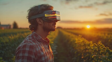 Farmer with VR Headset at Sunset: Future of Agriculture Technology