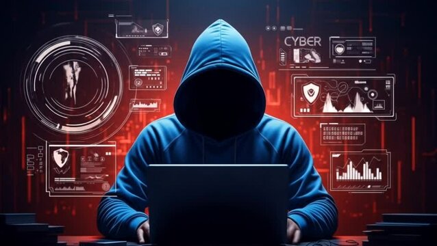 Anonymous hooded hacker in blue hoodie operating laptop in dark room, surrounded by red futuristic cyber interface and digital security data elements, cybercrime concept

