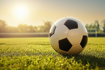 Classic black and white soccer ball on green field at sunrise symbolizing sport, energy, teamwork, and passion for the game