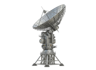 Complex telecommunications tower with multiple satellite dishes isolated on transparent background