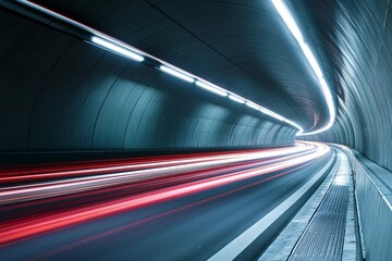 Futuristic tunnel with dynamic light trails symbolizing speed, motion, modern technology, and urban energy in a sleek minimal environment