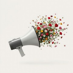 A creative concept featuring a megaphone overflowing with vibrant flowers, symbolizing the power of nature and communication.