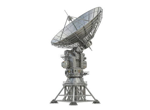 Complex telecommunications tower with multiple satellite dishes isolated on transparent background
