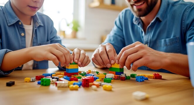 Father and son building with colorful toy blocks, enjoying quality time and learning together.