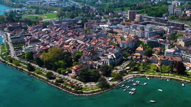 An Panoramic aerial of the old town of the city Morges in Switzerland on a sunny day in summer