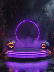 sharp image of black and purple podium stage for product presentations and promotions with Halloween celebration theme decorations. high detail 8k