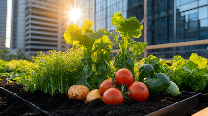 Fresh green rooftop garden with seasonal vegetables including tomato lettuce potato cucumber and herbs urban city background sunlight sustainable agriculture