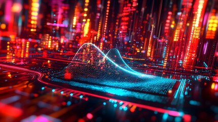 Futuristic data visualization with glowing digital wave, vibrant neon lights, and abstract cityscape background, representing advanced technology and artificial intelligence