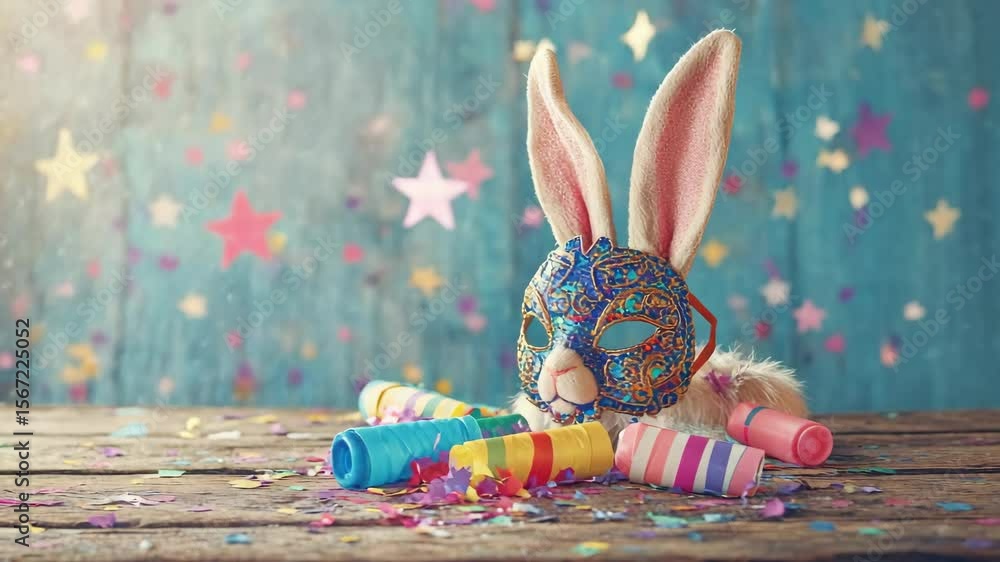 Poster a rabbit is wearing a mask and is laying on a table. there are many colorful confetti pieces scatter