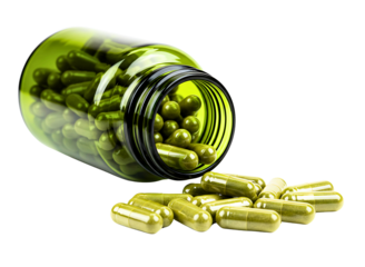 Amber pill bottle tipped over spilling red and green capsules isolated on transparent background