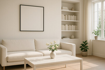 Modern Minimalist Living Room Interior: Neutral Tones, White Sofa, Coffee Table, and Blank Frame Mockup.