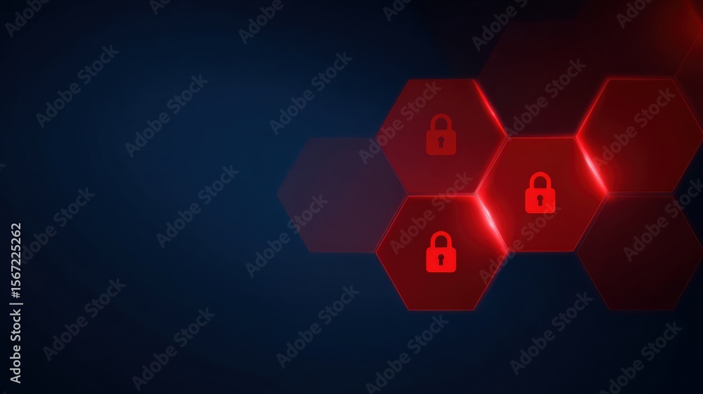Poster vpn protection. abstract hexagonal pattern with red locks on a dark background.
