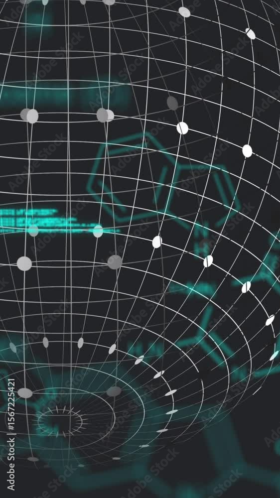 Poster animation of globe over chemical formulas and data processing on black background