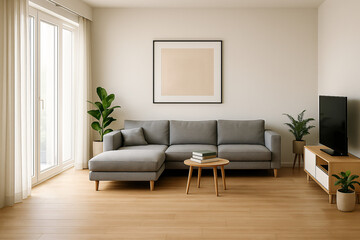 Fototapeta premium Modern Minimalist Living Room: Gray Sectional Sofa, Light Wood Floors, Neutral Decor, Calm Atmosphere.