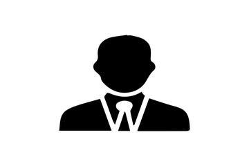 The image is a simple black silhouette icon of a male figure wearing a suit and tie. The figure has no facial features and is depicted from the shoulders up.