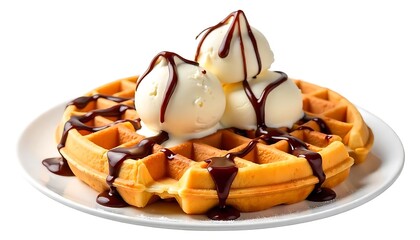 Tasty Dutch waffles (stroopwafels) with ice cream and chocolate sauce isolated on white, Yummy Dutch waffles (stroopwafels) on white background, created with generative ai