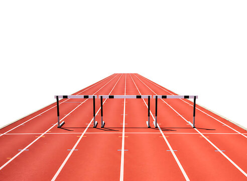 Athletic track with hurdles lined up on a clear day isolated on transparent background