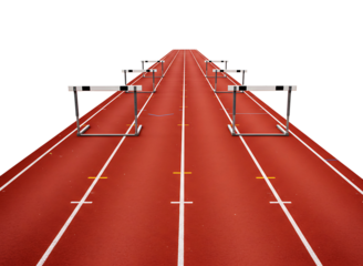 Athletic track with hurdles lined up on a clear day isolated on transparent background