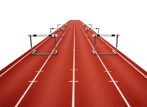 Athletic track with hurdles lined up on a clear day isolated on transparent background