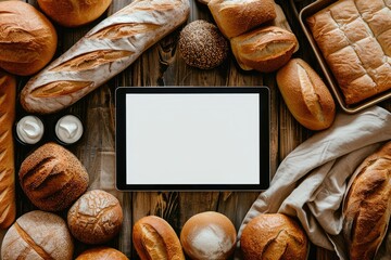 Premium Quality Picture of Digital Tablet with Blank Screen Surrounded with Breads