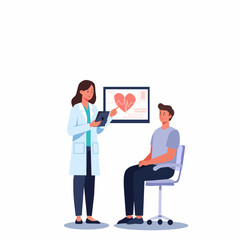 Flat illustration of female doctor explaining heart health to a seated male patient in clinic