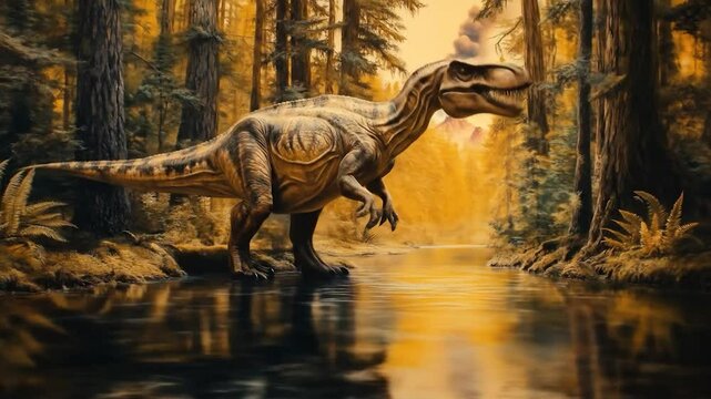Allosaurus by Riverbank: Prehistoric Predator in Primeval Forest Landscape