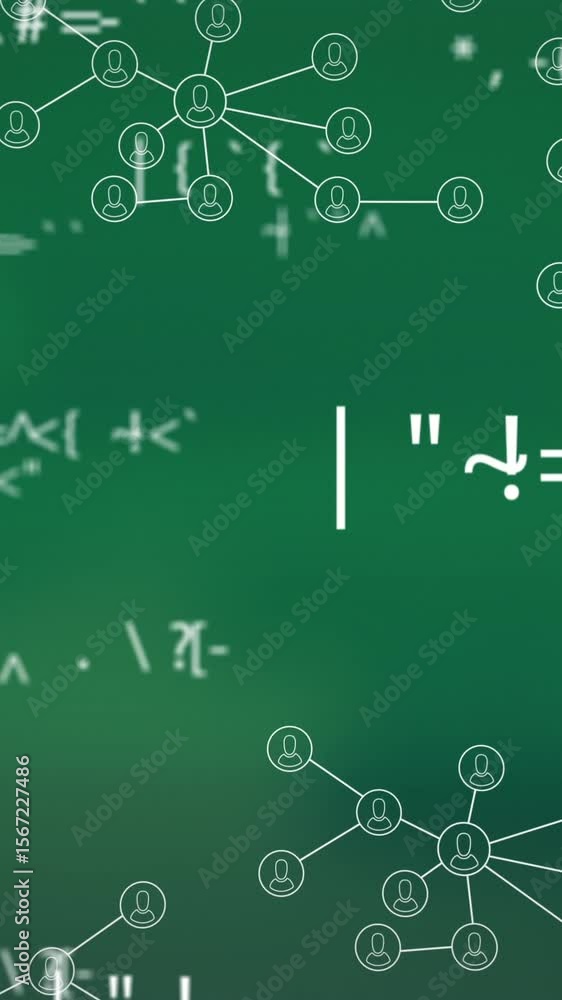 Poster multiple changing mathematical symbols against network of digital icons against green background