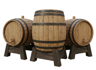 Three wooden wine barrels on stands isolated on transparent background