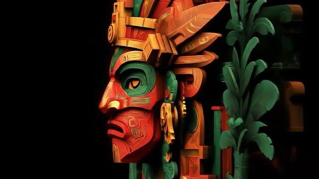 Animated Aztec Mask with Jungle Foliage, Ancient Civilization Art Video