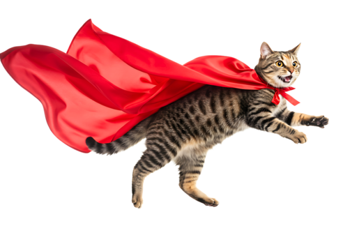 cat wearing a red superhero cape flying isolated on transparent background