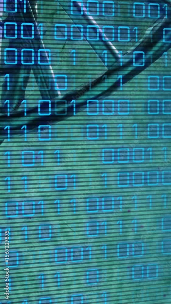 Poster animation of dna rotating over binary code on green background
