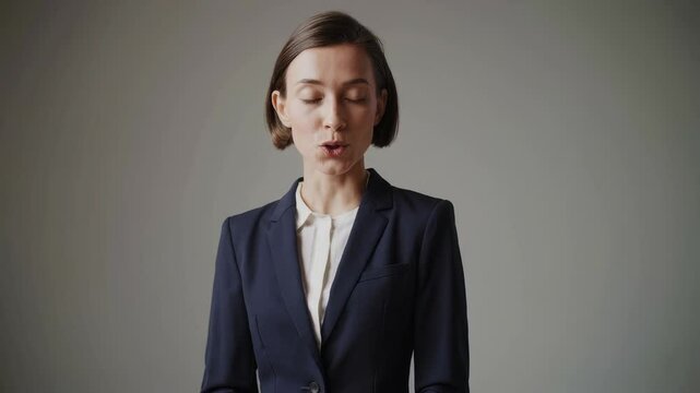 Professional woman with short dark brown hair in a navy blazer, standing and speaking to the camera with a neutral office background. Great for HR presentations, corporate explainers, and workplace tu