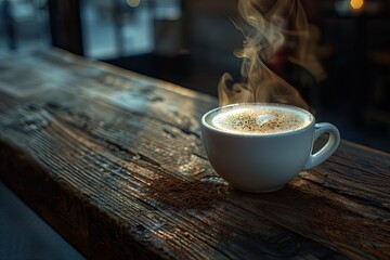 High Resolution Visual of Steamy Latte on Rustic Wood Table Background
