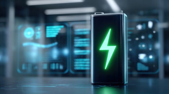 Green electric battery technology for energy storage. Battery with green lightning symbol in a tech environment.