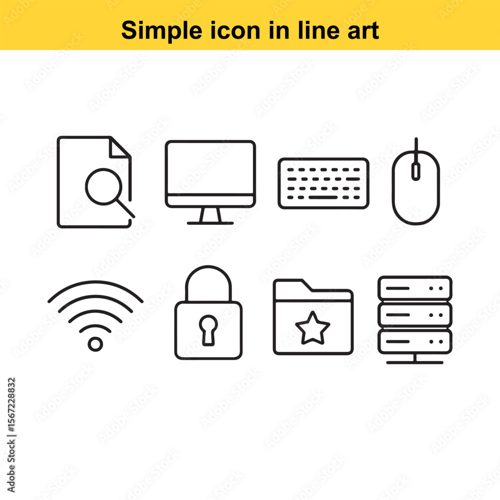 Poster collection of simple line art icons representing technology and data management