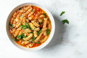 ultra HD visual of noodle pasta soup bowltop view
