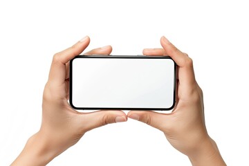 Hands Holding Smartphone Mock Up, Horizontal Smart Phone Screen Mockup Frame Isolated on White