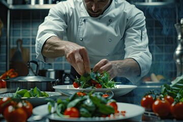 Clear Pixel Image of Mid Shot Chef Cutting Salad
