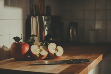 Fresh Apples on Wooden Kitchen Counter in Warm Light
