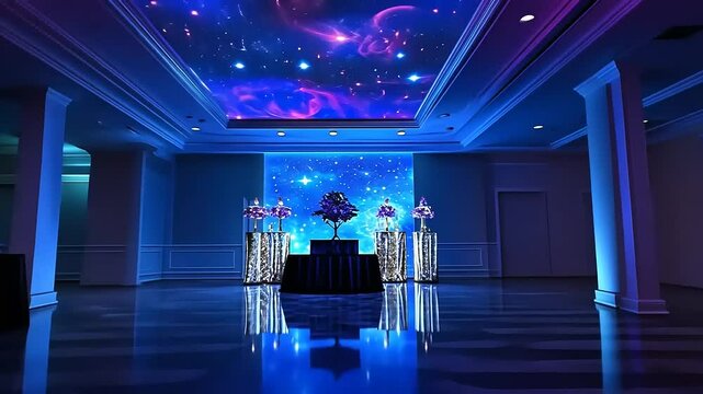 Elegant event space with cosmic-themed ceiling and floral arrangements, setting a festive atmosphere