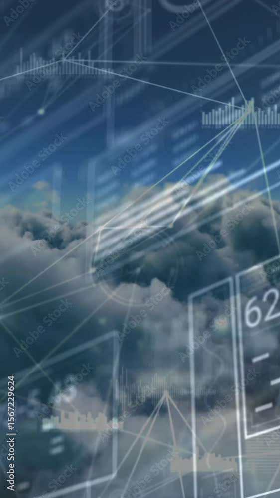 Poster Animation of network of connections with data processing over sky with clouds