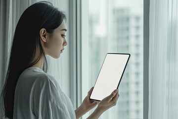 Detailed Visual  of Side View Woman with Ebook Reader