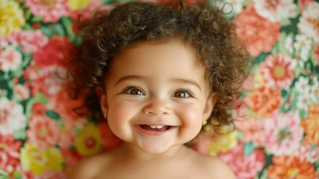 A baby girl with brown hair and a big smile. She is laying on a bed with a floral pattern