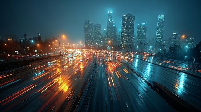 Business Project Management City Night Traffic in Los Angeles with Light Trails and Buildings
