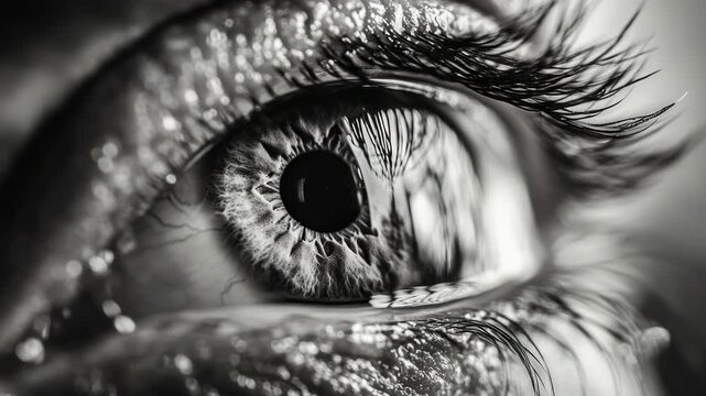 A close-up of an eye with makeup applied, showing a tear rolling down the cheek. The focus is sharp on the eye while the rest of the  is blurred.