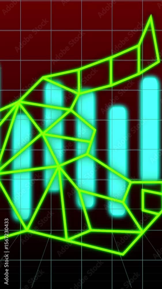 Poster animation of graphs and bull symbol on dark red background