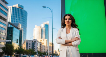 Confident woman in white suit stands with arms crossed near a green screen billboard in a modern city.