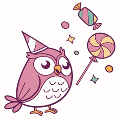 Candy Shop colored  Great Horned Owl with a Funny touch, placed in a Birthday theme
