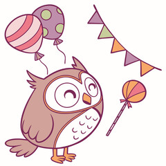 Candy Shop colored  Great Horned Owl with a Funny touch, placed in a Birthday theme